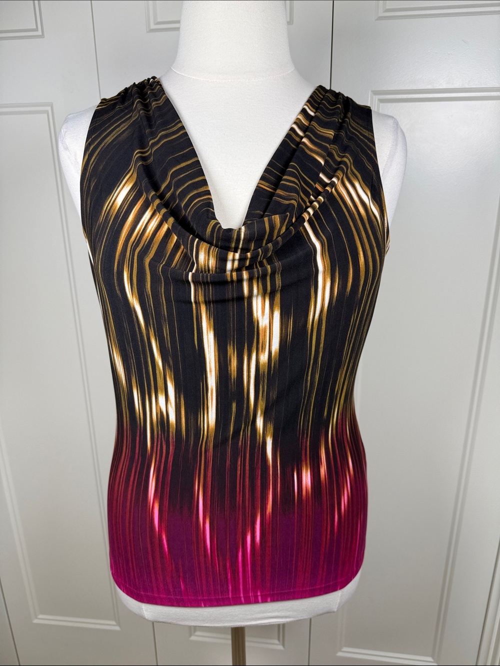 Calvin Klein Black and Magenta Ombre Cowl Neck Camisole with Gold Stripe Size L